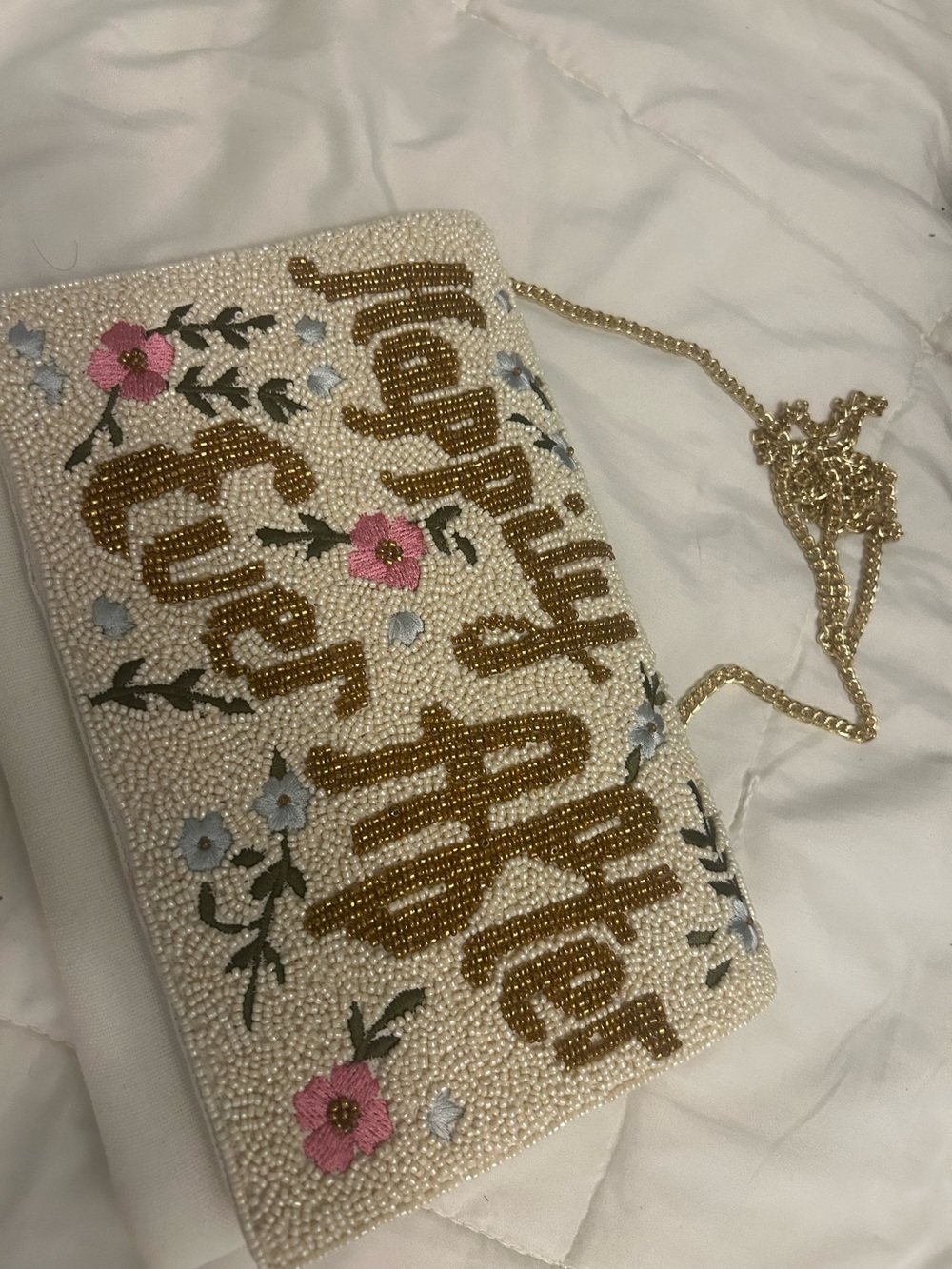 Embroidered Beaded Shoulder Bag in Ivory with Gold Script